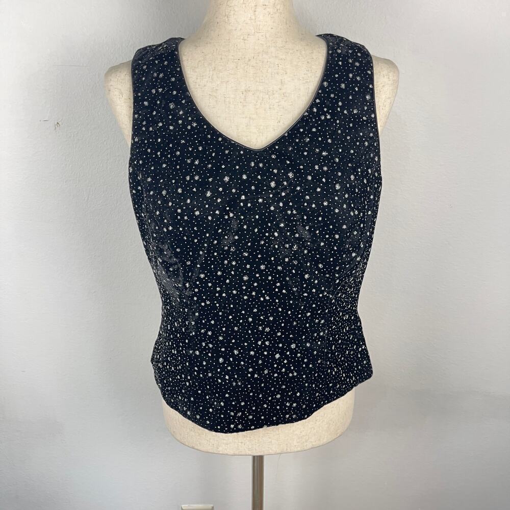 Vintage 90s Patra Black Velvet Star Rhinestones Sleeveless Blouse Women's 10